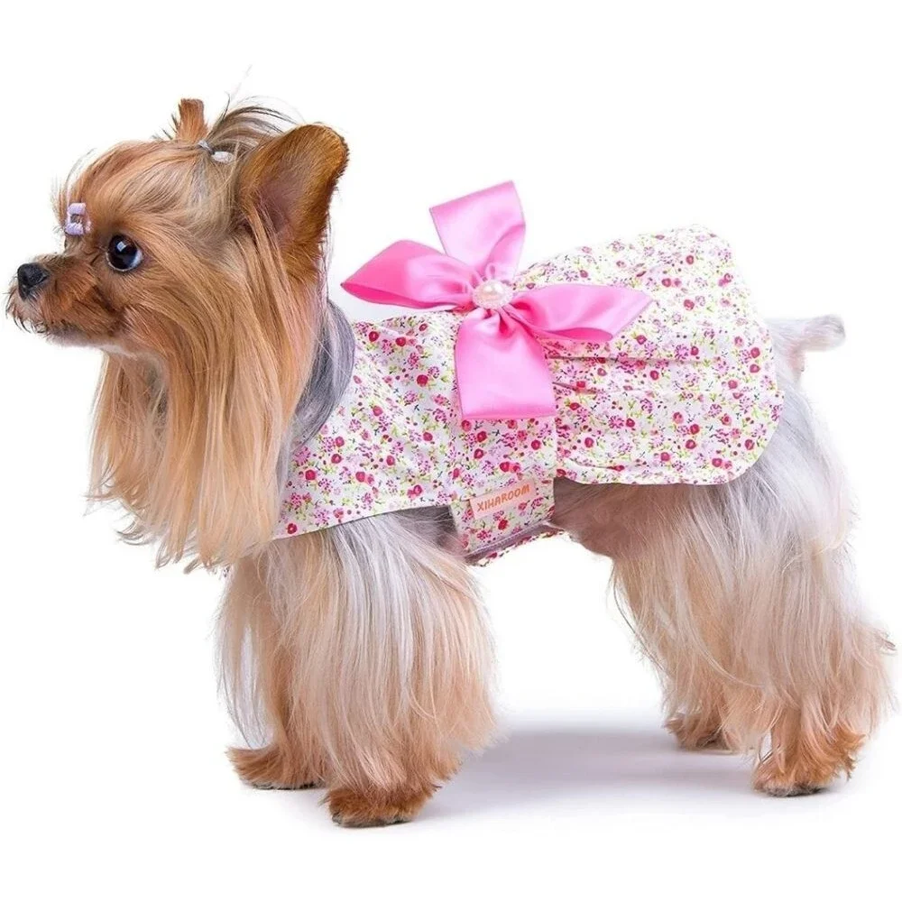 Xiharoom NWOT White Ditsy Floral Dog/Pet Dress with Pink Bow